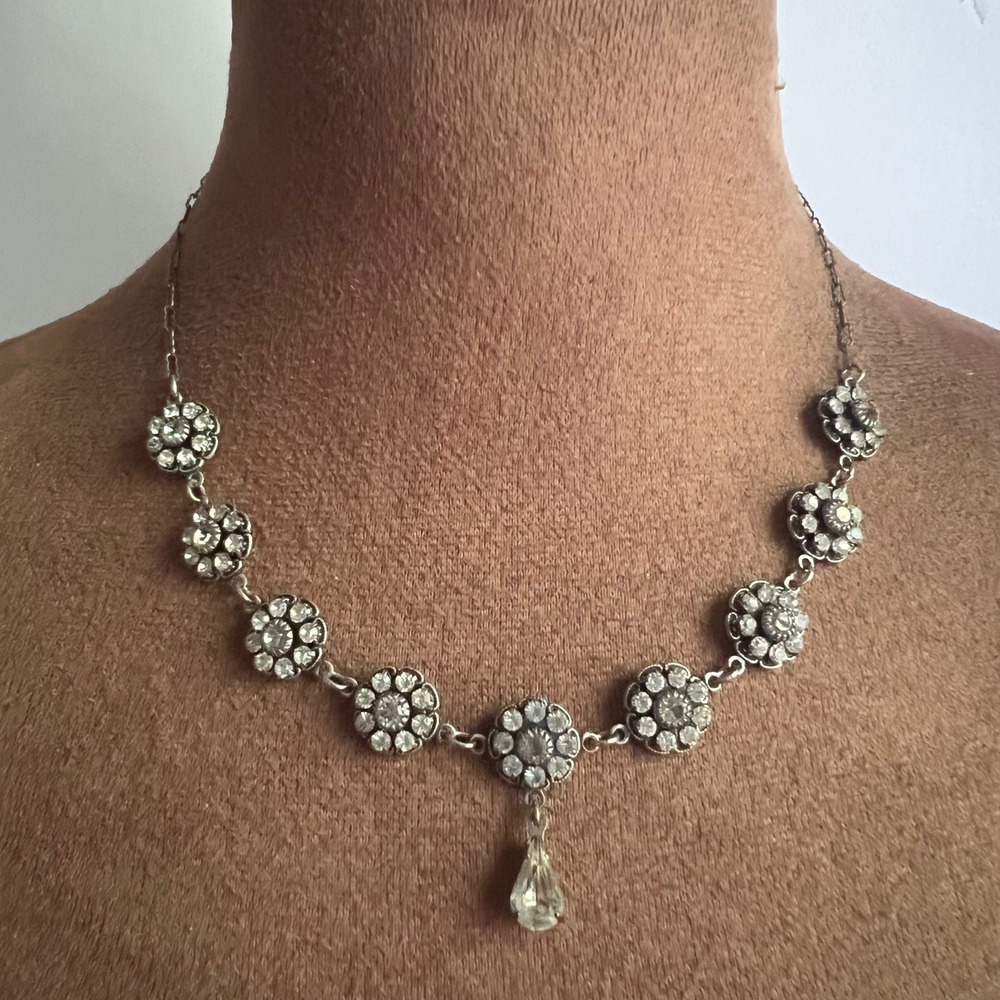 Liz Palacios Silver Tone Rhinestone Floral Drop Choker Necklace 16" Cottagecore